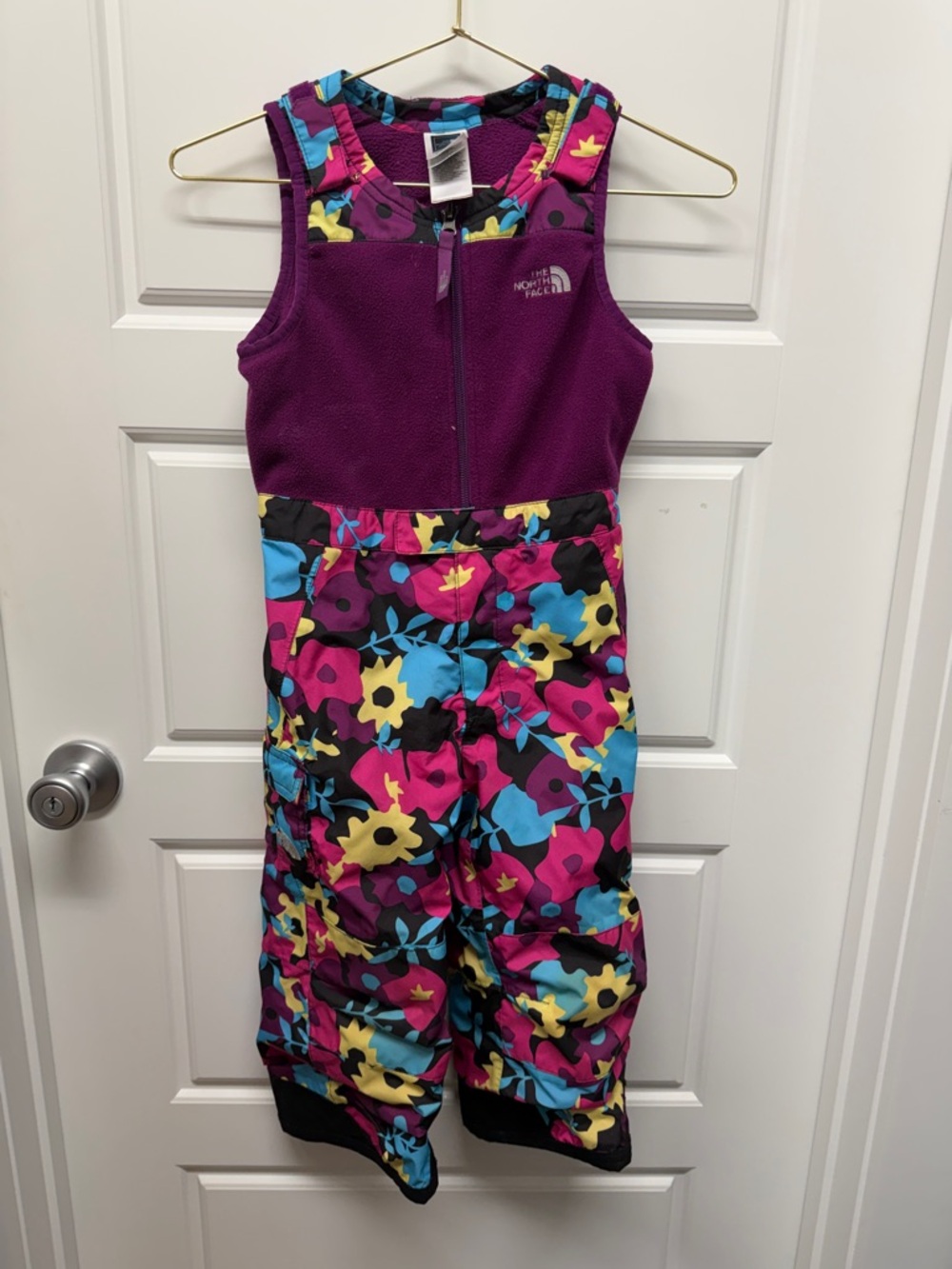 The North Face Girls Purple Floral Snow Bibs with Blue, Pink & Yellow